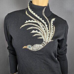 Vintage Black Sweater Silver Sequined Beaded Bird Size M High Neck 90s Y2K